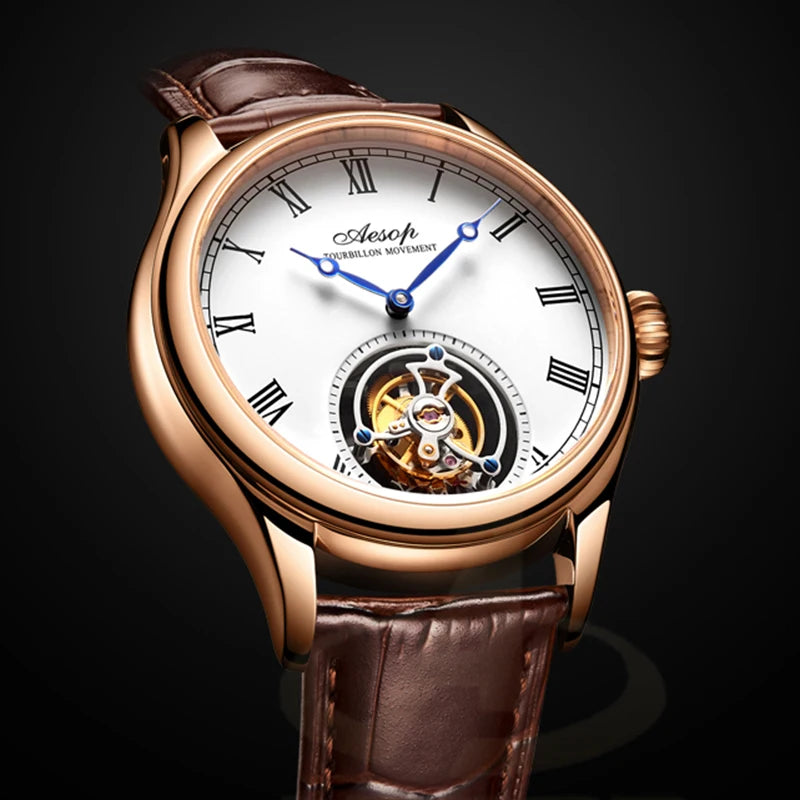 Montre AESOP Tourbillon Volant – Mécanique Squelette Double Face, Verre Saphir, Acier Inoxydable, Cuir, Étanche 5 ATM – CLEVI Paris