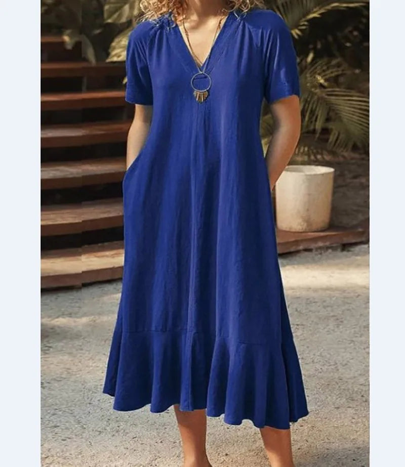 Robe Femme Col V Lacets Manches Courtes Couleur Unie A-line Mi-Mollet – CLEVI Paris