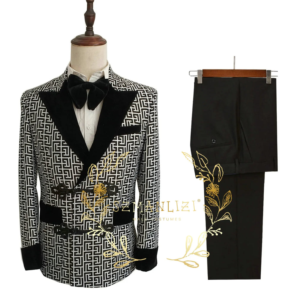 Costume Homme 2 Pièces – Carreaux Blanc, Croisé Slim Fit Mariage & Business