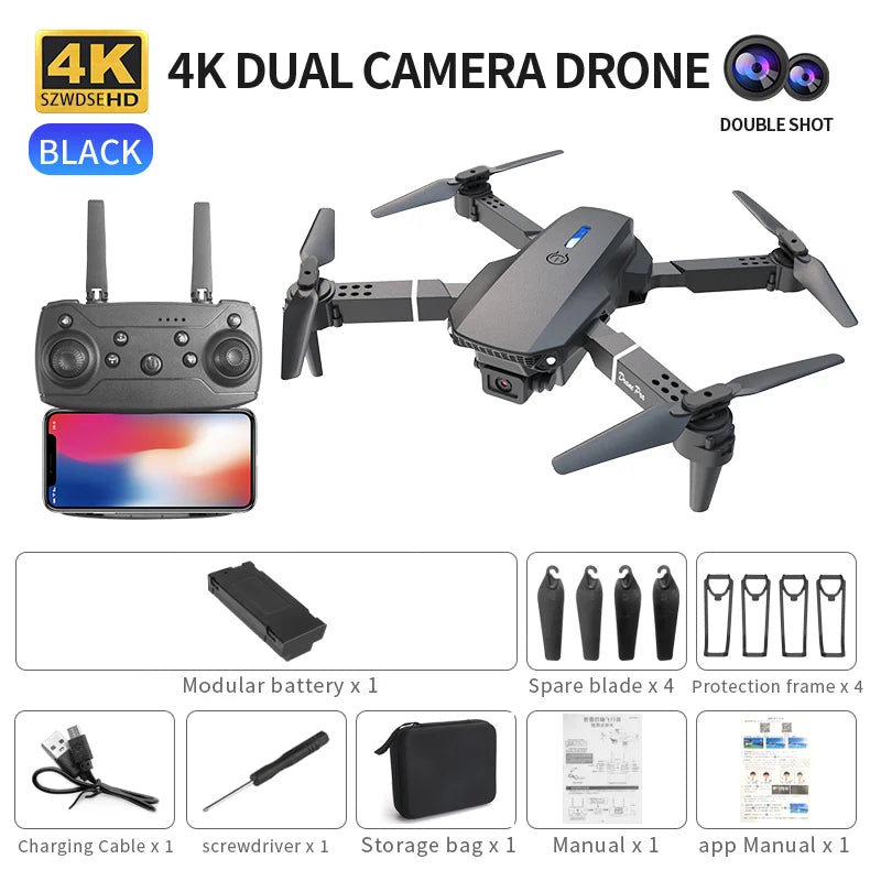 Mini Drone Pliable E88 PRO – FPV WiFi, Maintien d'Altitude, Mode Sans Tête & Vol en Trajectoire – CLEVI Paris