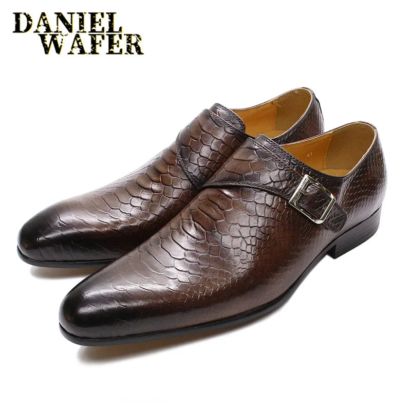 Mocassins Monk Strap Homme Cuir Vache Imprimé Serpent Respirant Talon 2,8cm Bureau Mariage – CLEVI Paris
