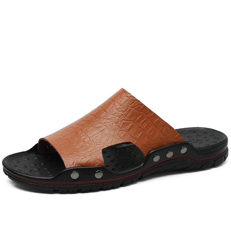 Fashion New Men's Crocodile Embossed Leather Slippers Casual Sandals For Men Summer Open Toe Beach Garden Shoes Flip Flops