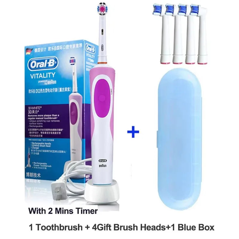 Brosse à Dents Électrique Oral-B D12 – Vibration Rotatoire 2D, IPX7, Minuterie 2 min – 4 Têtes Offertes