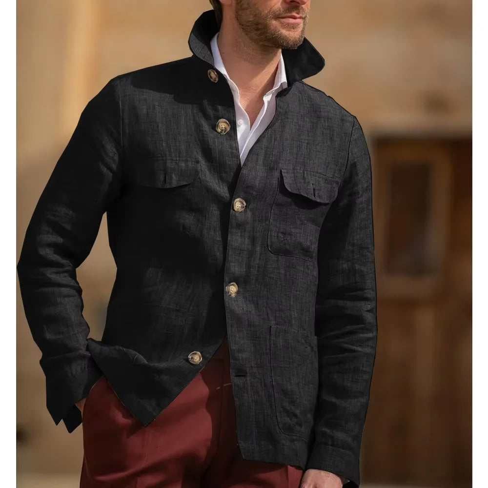 Veste Safari Lin Homme Col Montant – CLEVI Paris