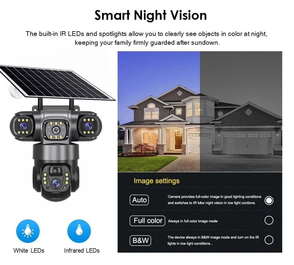 Caméra de Surveillance V380 Pro 4G Solaire 15MP 3 Objectifs PTZ Vision Nocturne – CLEVI Paris