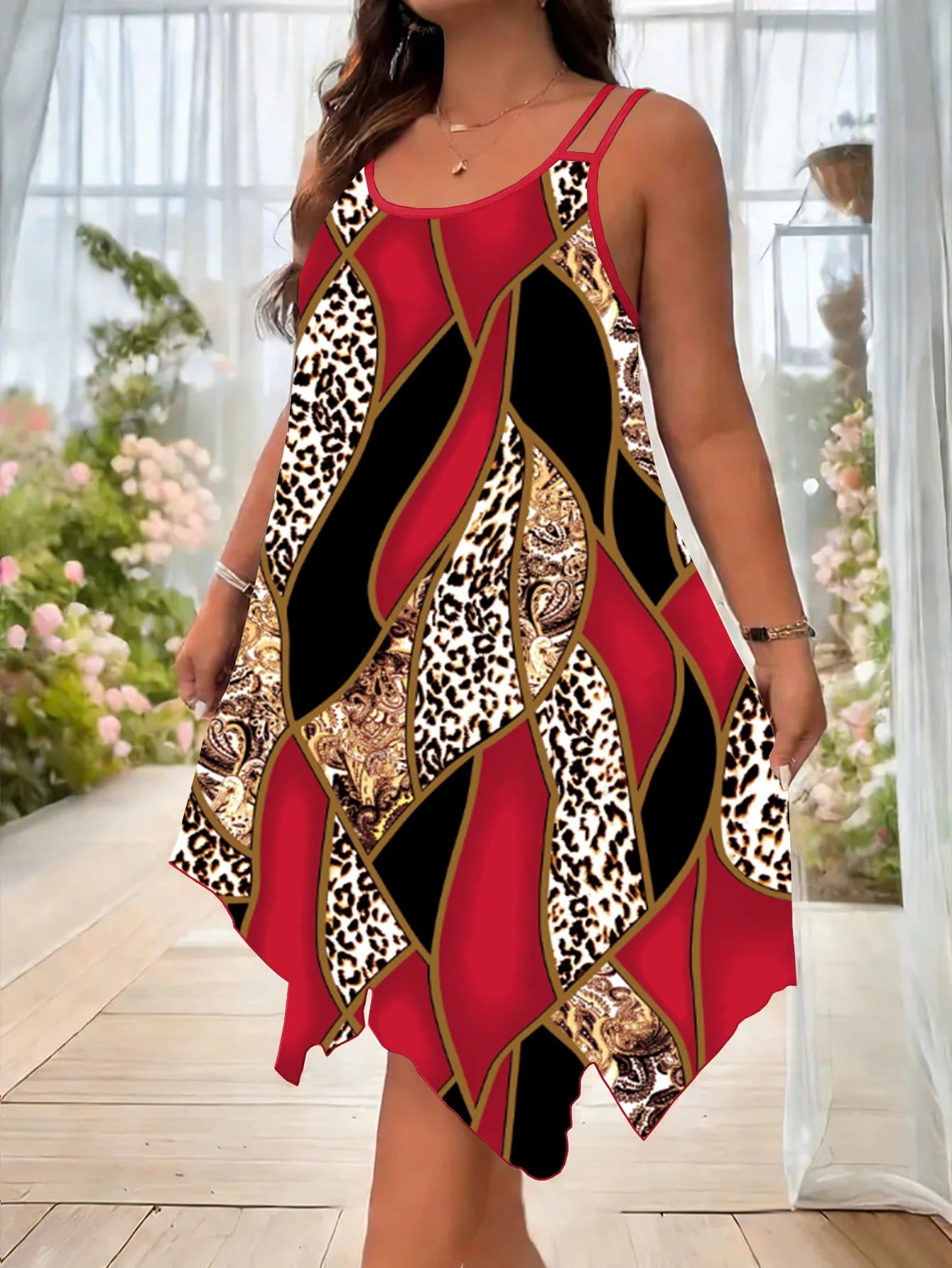 Robe Femme Grande Taille Imprimé Rayures Géométriques Asymmétriques Double Bretelles Casual – CLEVI Paris