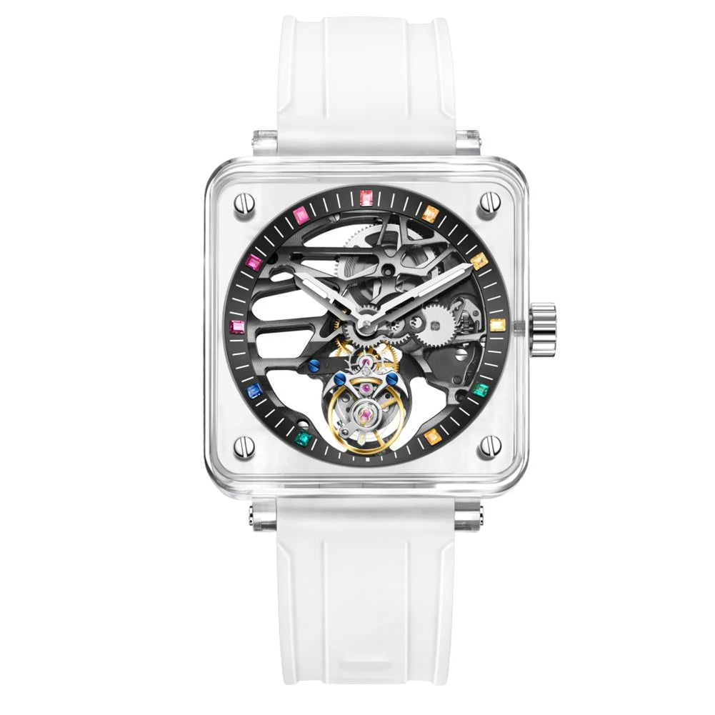 Montre Homme Tourbillon Transparent AESOP 7058G – Squelette Intégral Verre Saphir Étanche Bracelet Caoutchouc – CLEVI Paris