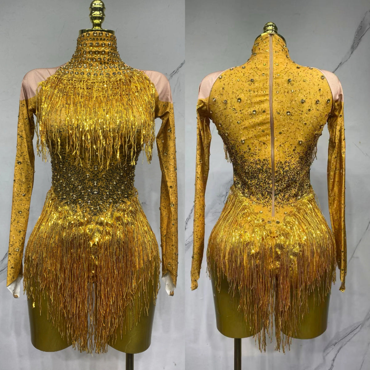 Justaucorps de scène à franges et strass – CLEVI Paris