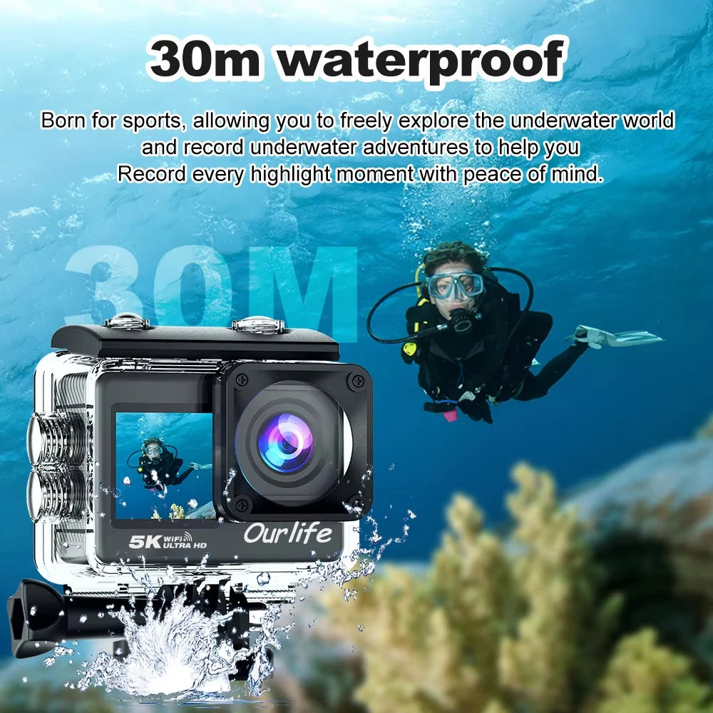 Action Cam OURLIFE 5K 4K60fps – Grand Angle 170°, Écran Tactile 2", EIS, Étanche 30m, WiFi, Vélo & Moto – CLEVI Paris