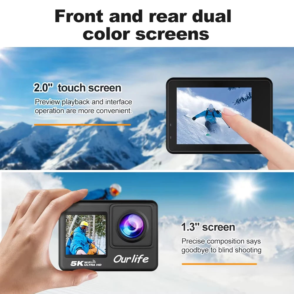 Action Cam OURLIFE 5K 4K60fps – Grand Angle 170°, Écran Tactile 2", EIS, Étanche 30m, WiFi, Vélo & Moto – CLEVI Paris