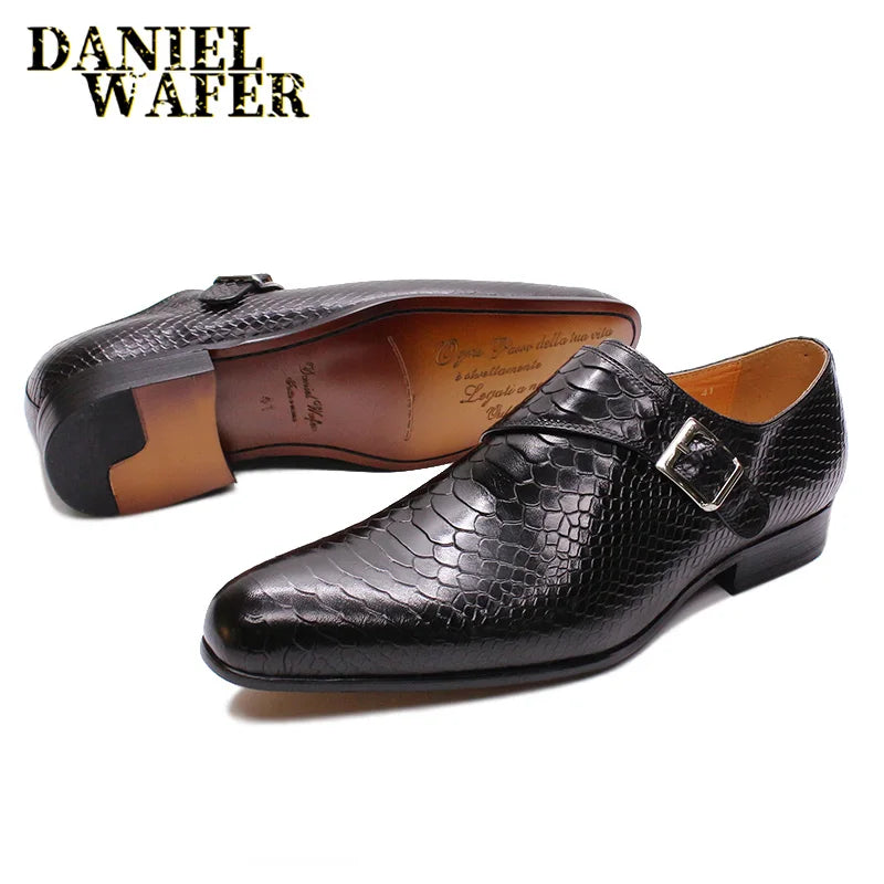 Mocassins Monk Strap Homme Cuir Vache Imprimé Serpent Respirant Talon 2,8cm Bureau Mariage – CLEVI Paris