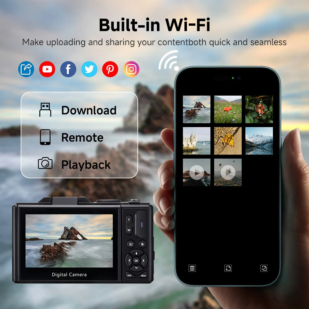 Appareil Photo 5K 75MP DIXSG – WiFi, Écran Rabattable 3", Zoom 18x, Flash, Webcam & Vlogging