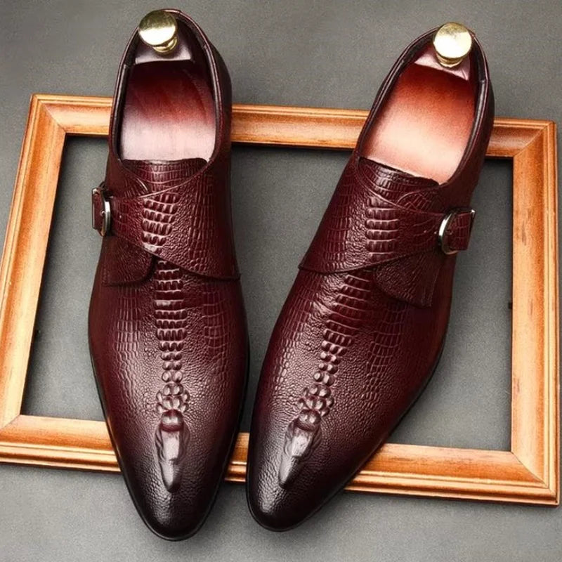 Mocassin Monk Strap Homme Cuir Motif Crocodile – Bout Pointu, Style Britannique, EU 36-46 – CLEVI Paris