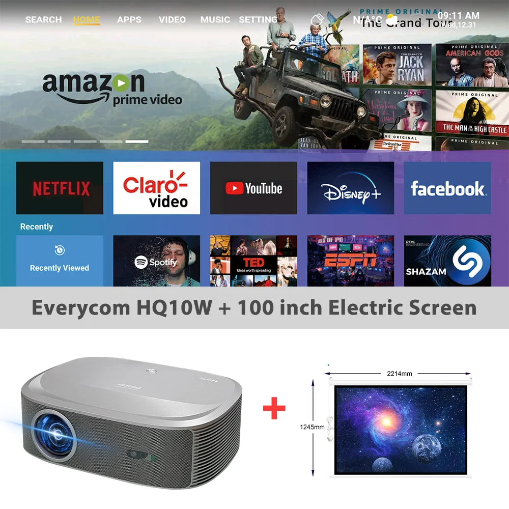 Projecteur Full HD Everycom HQ10W – 4K, 1200 ANSI, Dolby Audio, Android 12, WiFi 6, 200"
