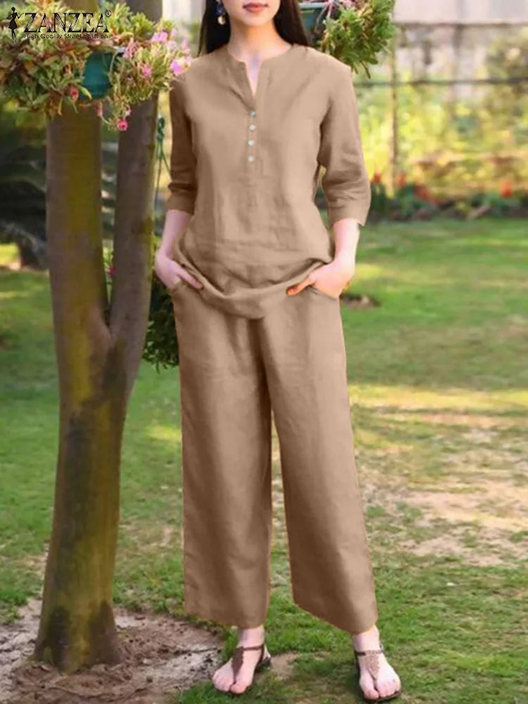 Ensemble 2 Pièces Femme Blouse Col V Manches 3/4 + Pantalon Large Taille Haute Casual Chic – CLEVI Paris