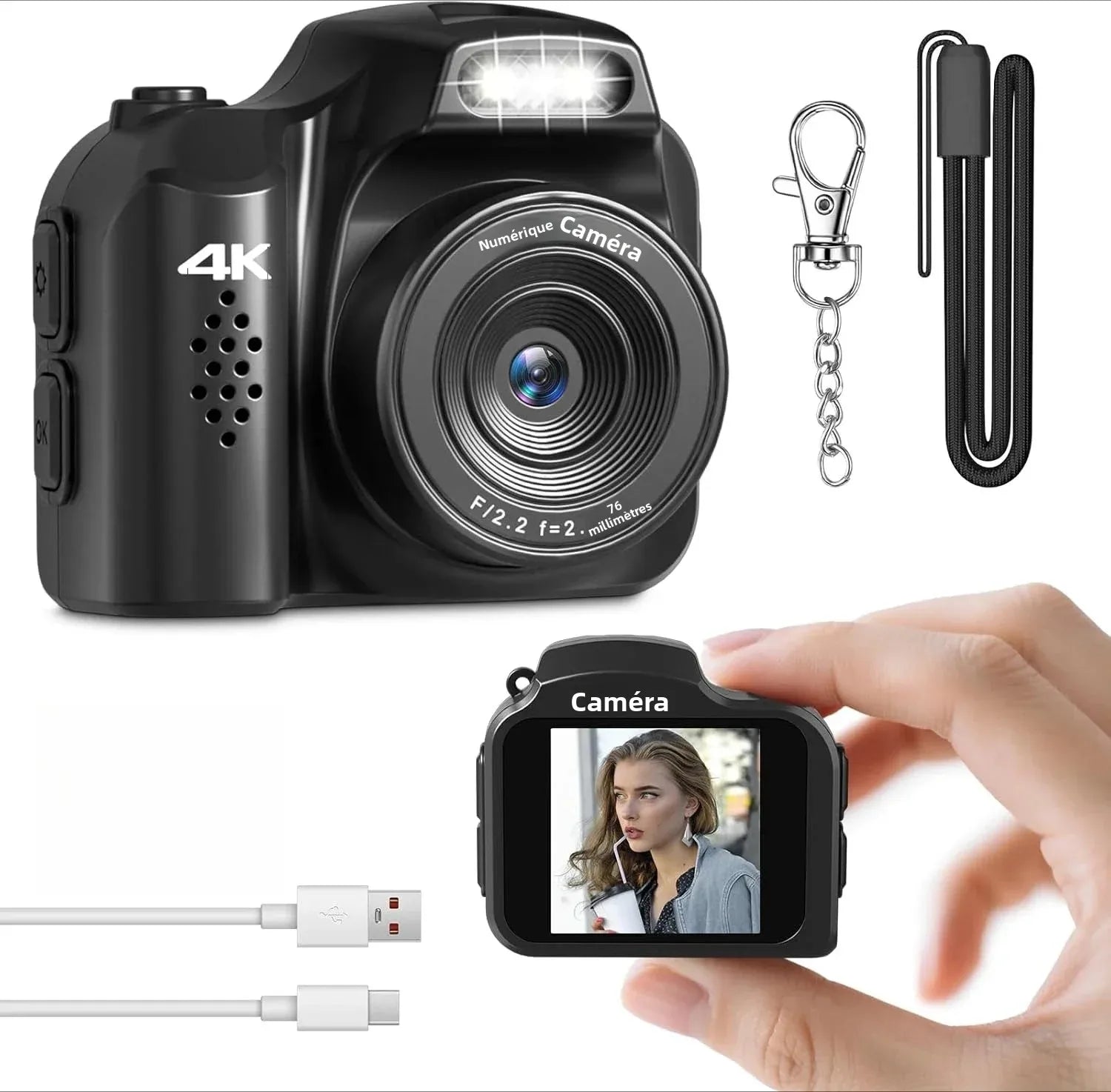 Mini Caméra Porte-clés OBIJOYI HJD-2 4K 64MP – Écran IPS 1,54", Flash LED, Angle 78°, Ultra-Compacte 30g, microSD en Option