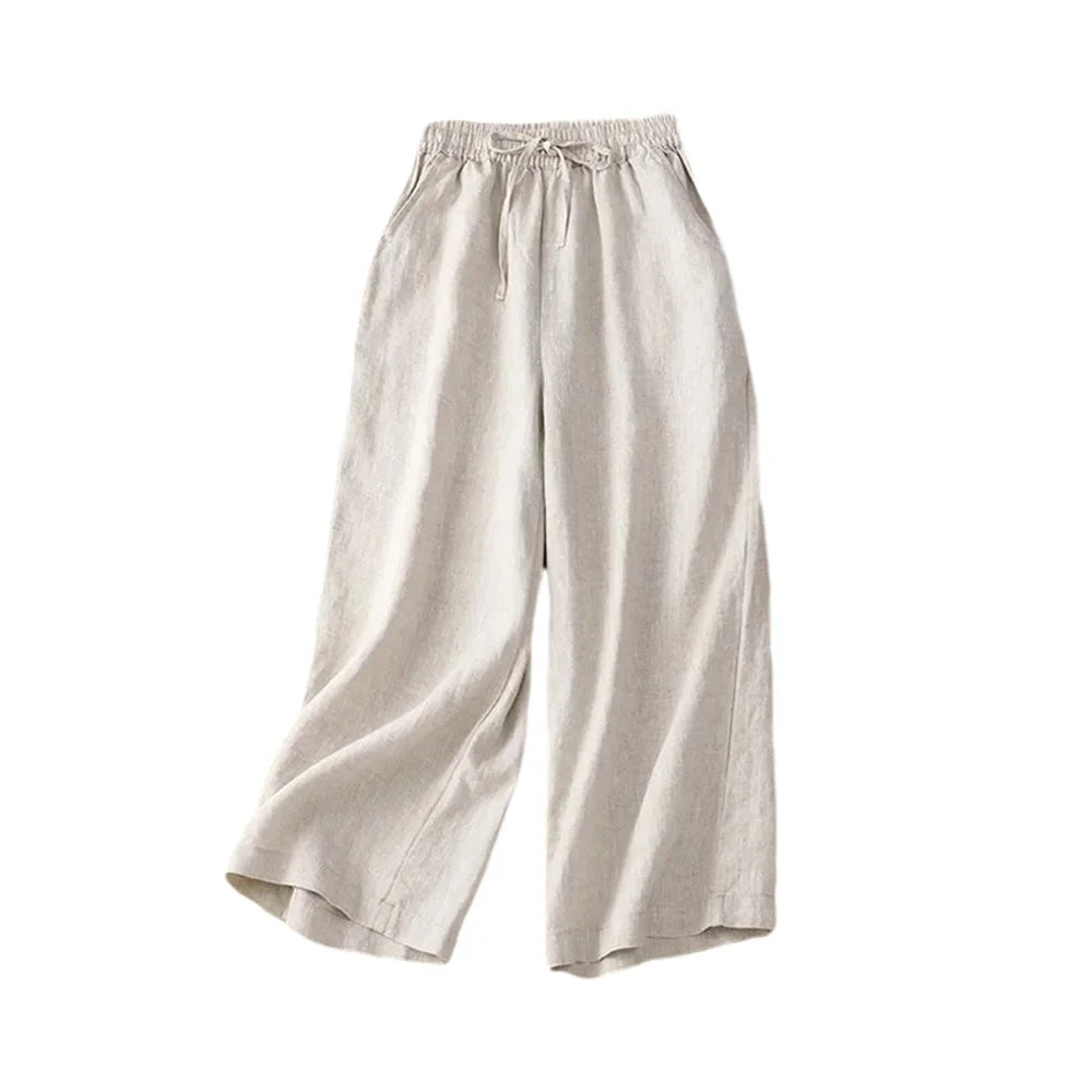 Pantalon Femme Lin Coton Taille Haute Jambe Large Casual Poches Cheville – CLEVI Paris