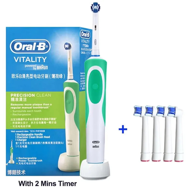 Brosse à Dents Électrique Oral-B D12 – Vibration Rotatoire 2D, IPX7, Minuterie 2 min – 4 Têtes Offertes