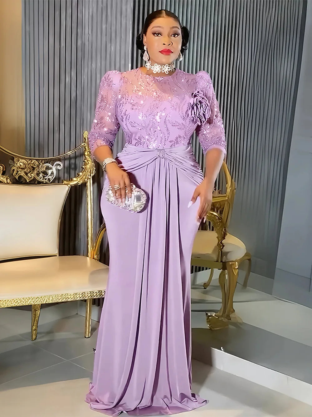Robe maxi à paillettes manches longues – CLEVI Paris