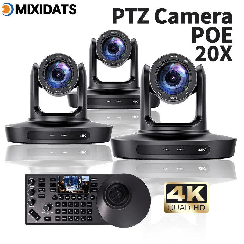 Kit Caméra PTZ 4K MIXIDATS – Zoom 20x, NDI, PoE & Clavier de Contrôle – CLEVI Paris