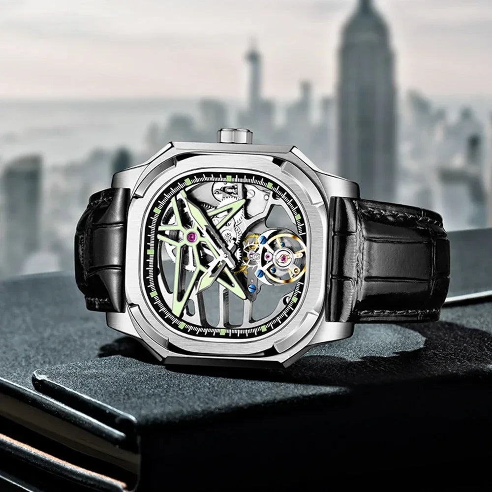 Montre AESOP 7052 – Tourbillon Mécanique Squelette, Diamant Naturel, Verre Saphir, Acier 316L, Cuir, Étanche 5 ATM, Garantie 3 ans – CLEVI Paris