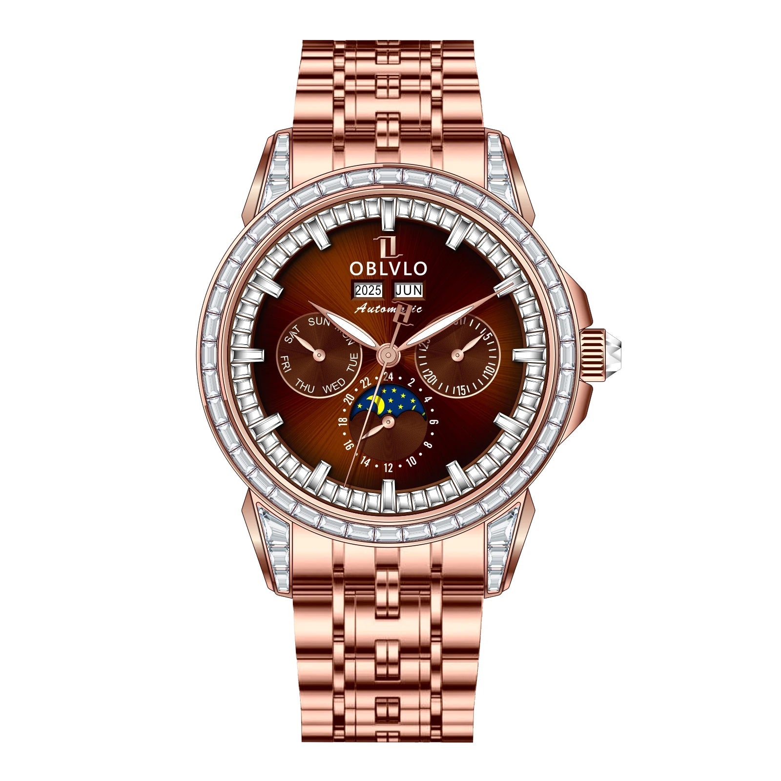 Montre Automatique Phase de Lune | Zircon Multicolore Bracelet Cuir – CLEVI Paris