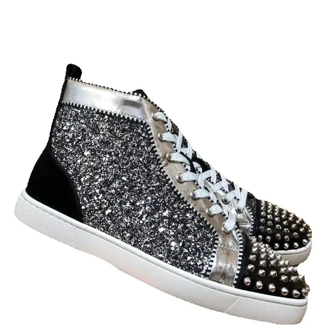 Sneakers Montantes Cuir Véritable Paillettes Argent – Rivets, Semelle Rouge, Unisexe, Tailles 35-48 – CLEVI Paris