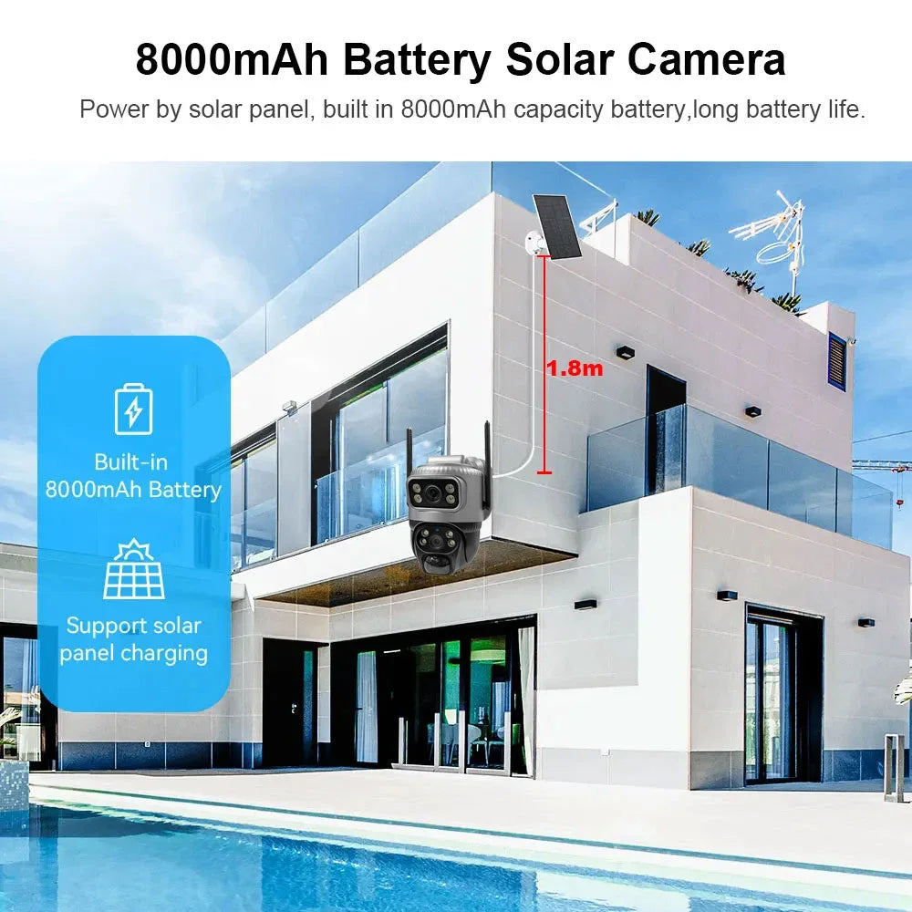 Caméra Solaire 4G V380 Pro 8MP Double Objectif PTZ 350° SIM Incluse PIR Suivi IA Vision Nocturne IP66 – CLEVI Paris