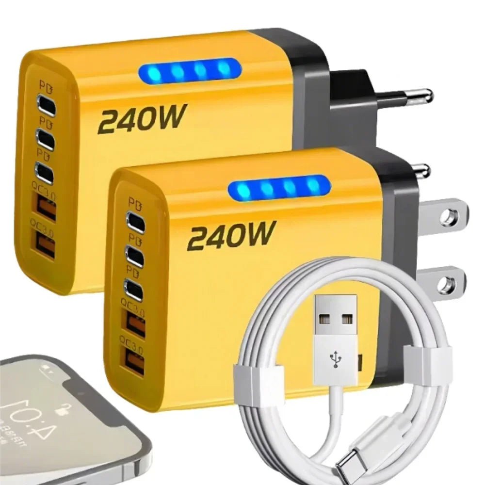 Chargeur GaN 5-en-1 240W 3PD 2USB EU/US + Câble – CLEVI Paris