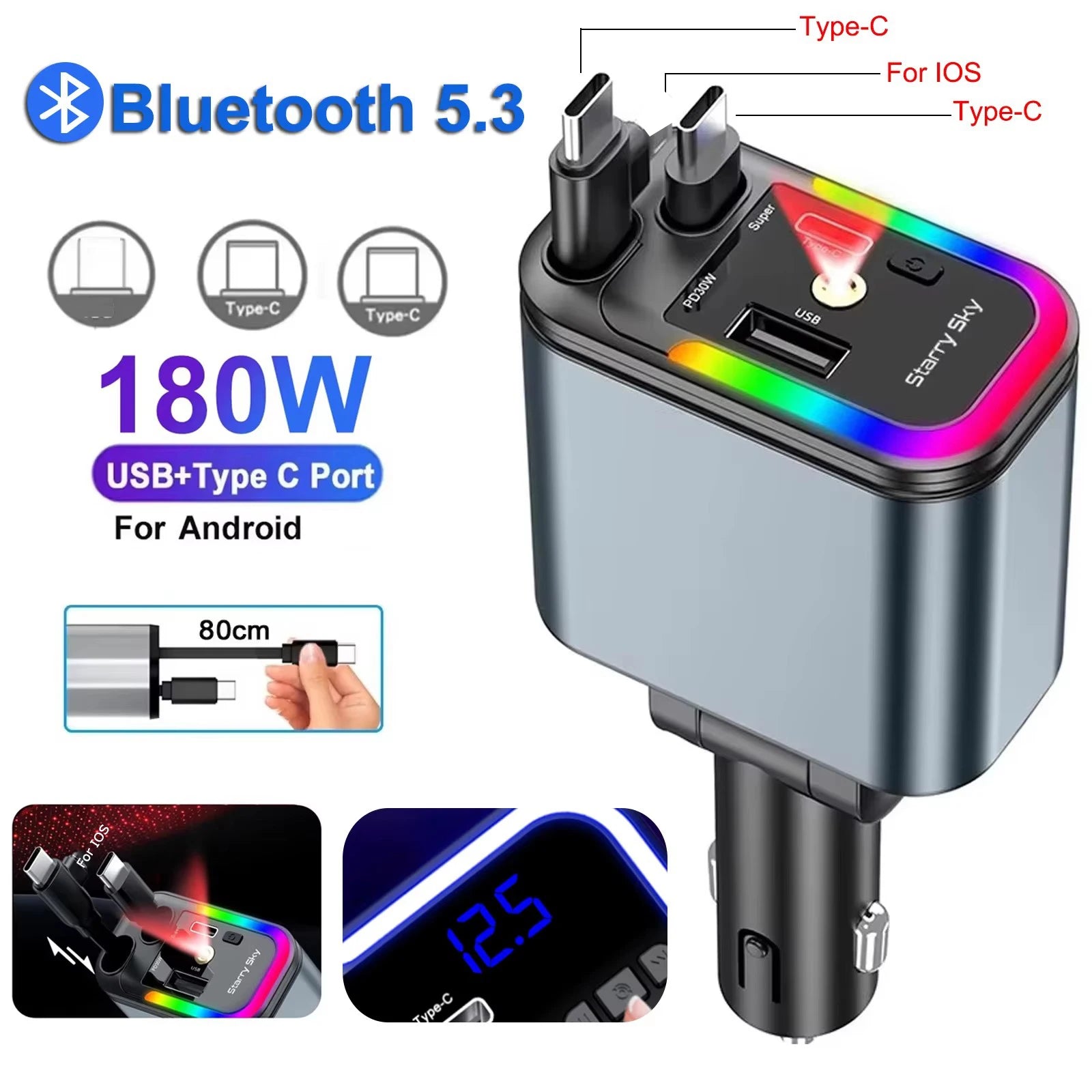 Émetteur FM Voiture 180W – Charge Rapide PD QC3.0 Bluetooth 5.3 Mains Libres Lecteur USB/TF Affichage Tension – CLEVI Paris