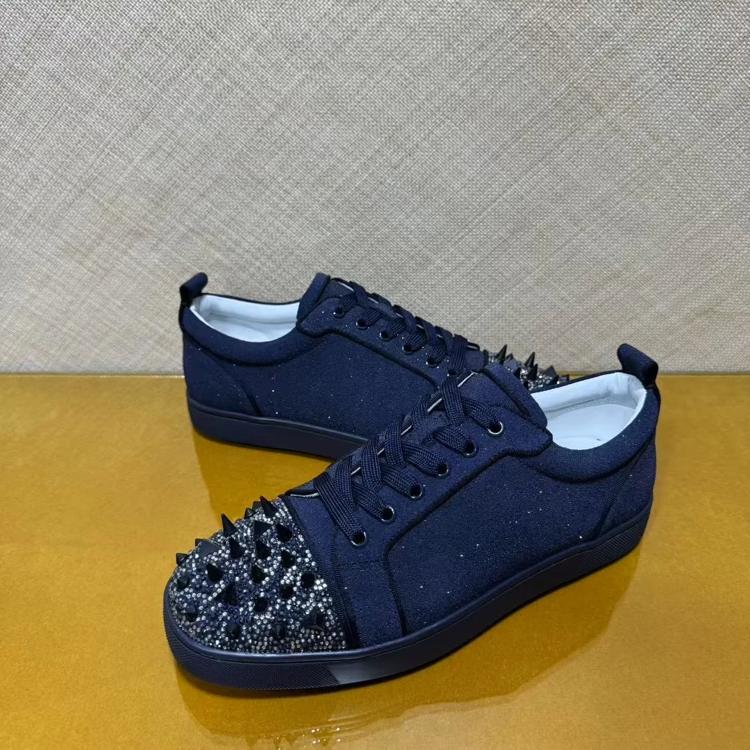Sneakers Luxe Cuir Véritable Bleu Encre – Diamants & Semelle Rouge, Unisexe, Tailles 35-48 – CLEVI Paris