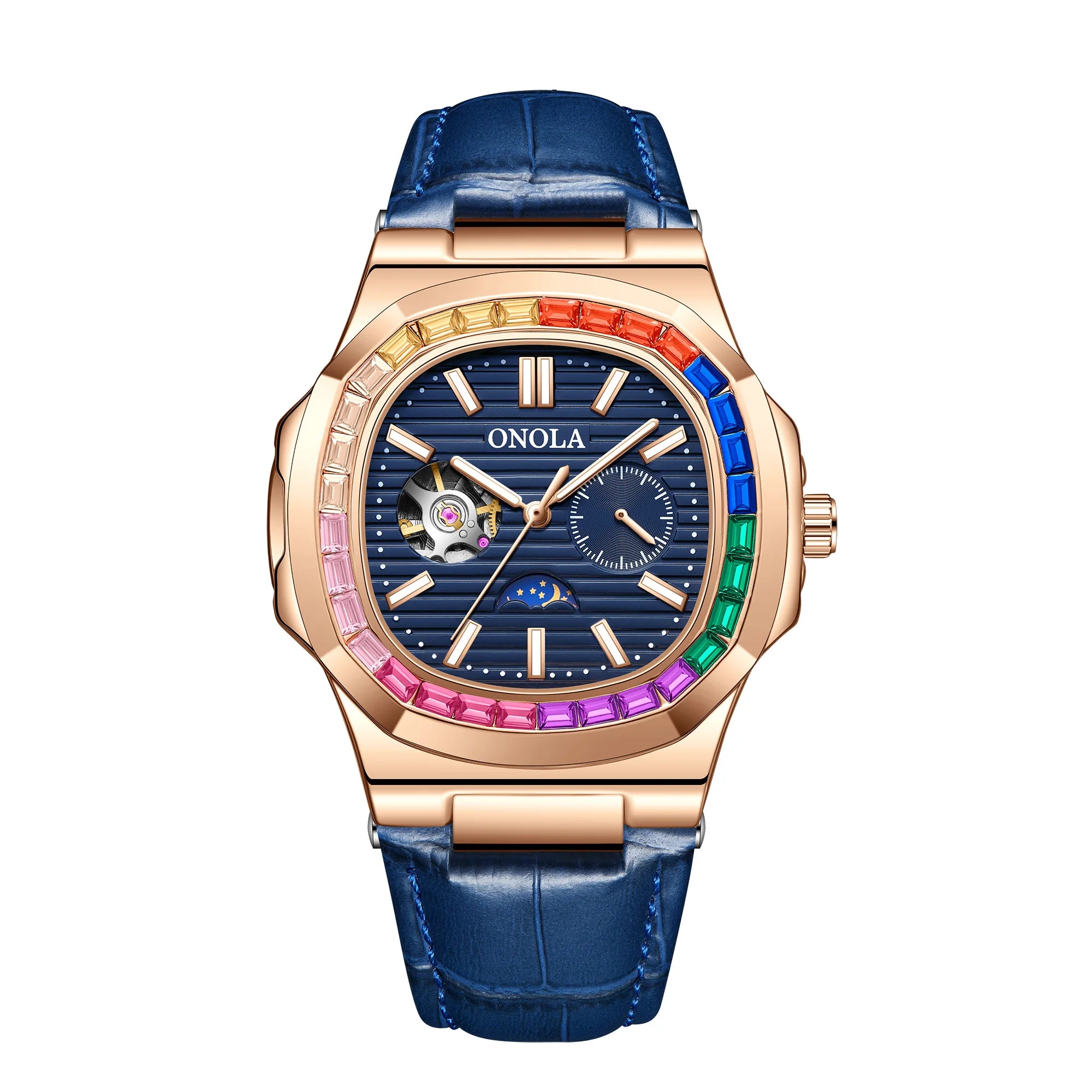 Montre ONOLA ON3855CH – Mécanique Automatique Squelette, Diamants, Bracelet Cuir, Étanche 3 ATM – CLEVI Paris