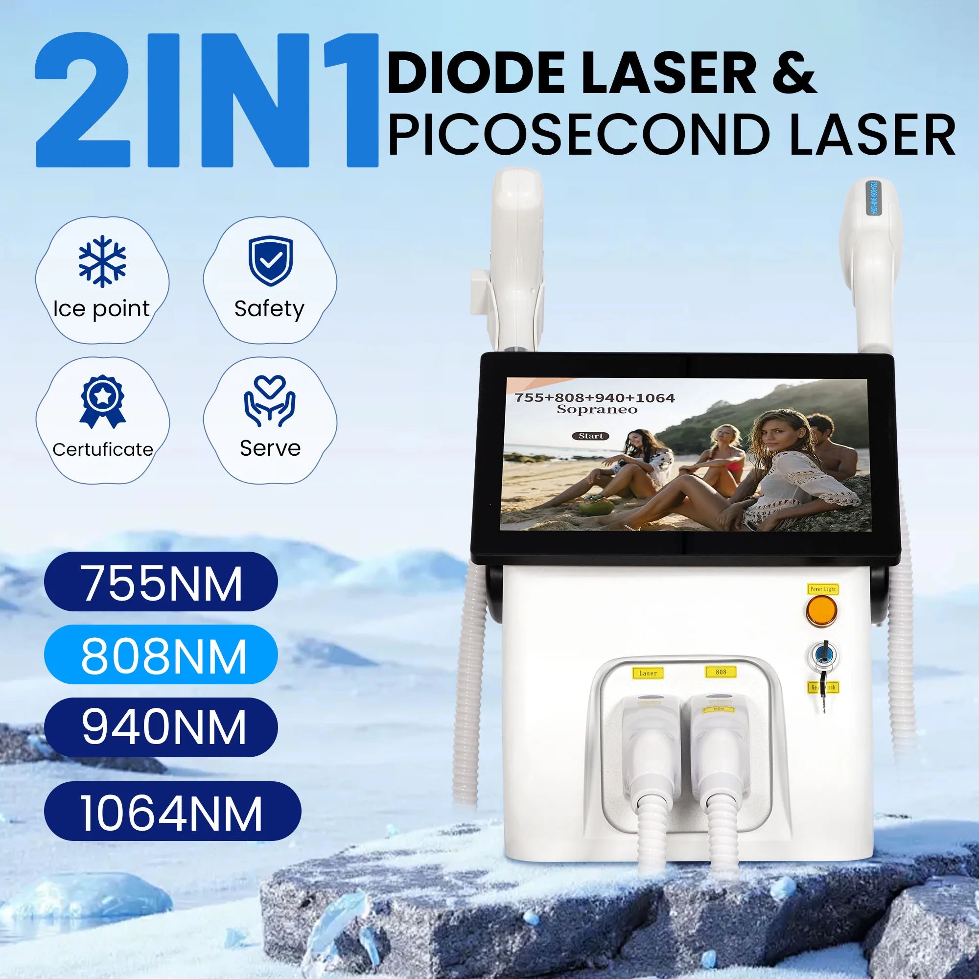 Machine Portable 2-en-1 Laser Diode FAC Picoseconde 5000W 4 Longueurs d’Onde 755/808/940/1064nm Épilation & Détatouage – CLEVI Paris