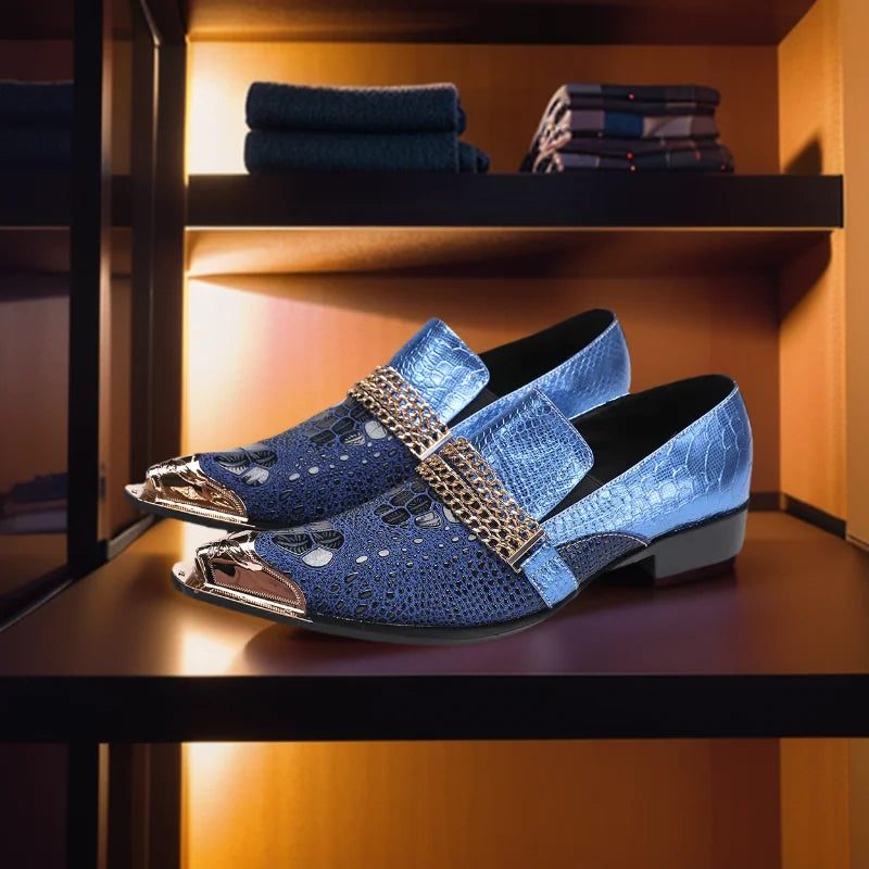 Mocassins Homme Cuir de Vache Motif Python Bout Pointu Slip-On | Business & Mariage EU 36-49