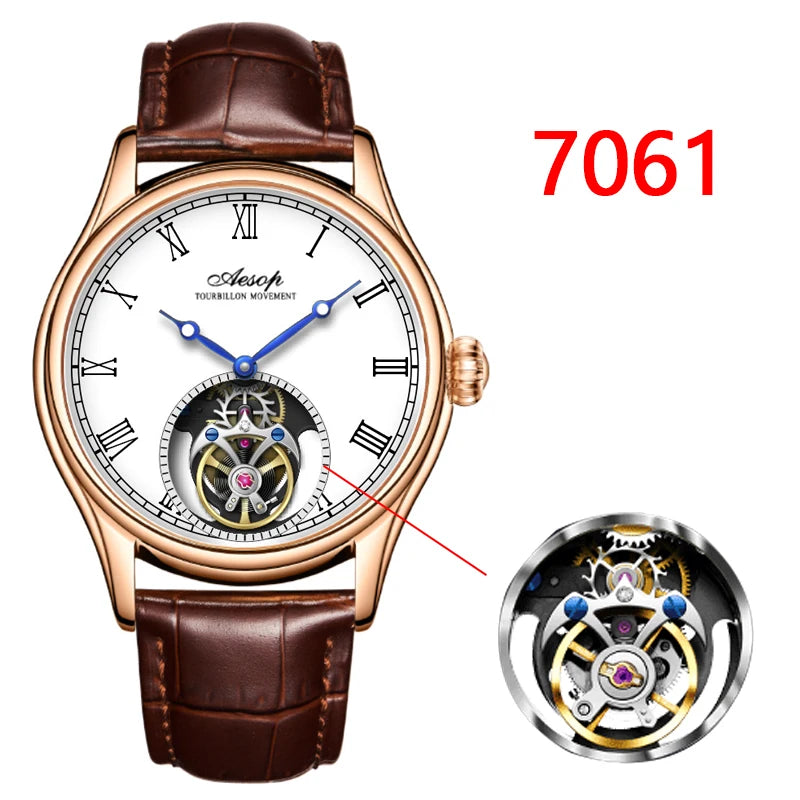 Montre AESOP Tourbillon Volant – Mécanique Squelette Double Face, Verre Saphir, Acier Inoxydable, Cuir, Étanche 5 ATM – CLEVI Paris