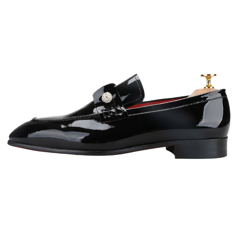 Mocassins Homme Cuir Veau Verni Noir Cristaux Argentés Boucles Fait Main Mariage Piergitar – CLEVI Paris