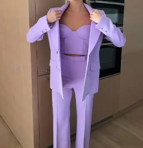 Ensemble 3 Pièces Femme – Top Bretelles + Pantalon Taille Haute + Blazer | Bureau & Casual | Turquoise, Violet | S-XXL