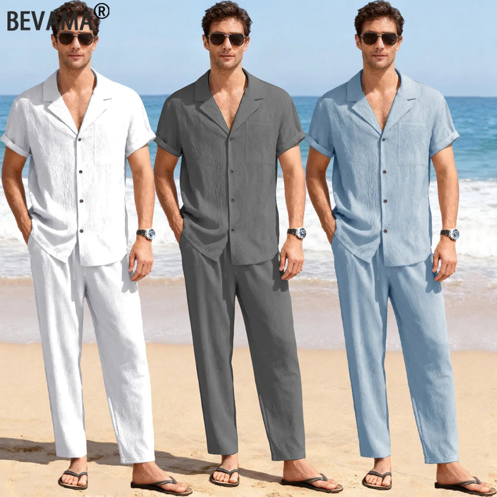 Ensemble 2 Pièces Homme Soie Glacée Polo Manches Courtes + Pantalon Long Casual Été – CLEVI Paris