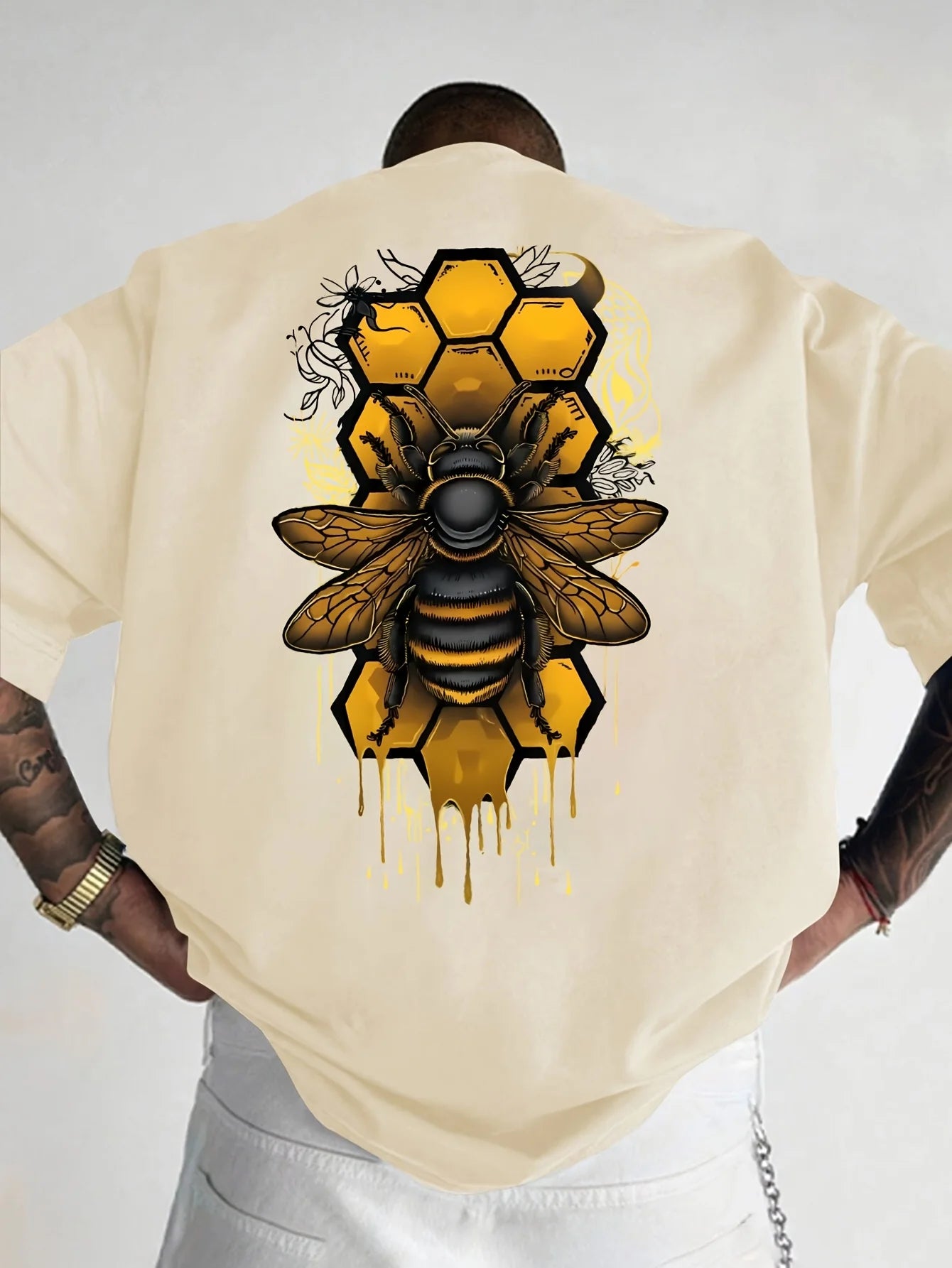 T-Shirt Homme 100% Coton Imprimé Abeille – Loose Fit, Col Rond, Manches Courtes