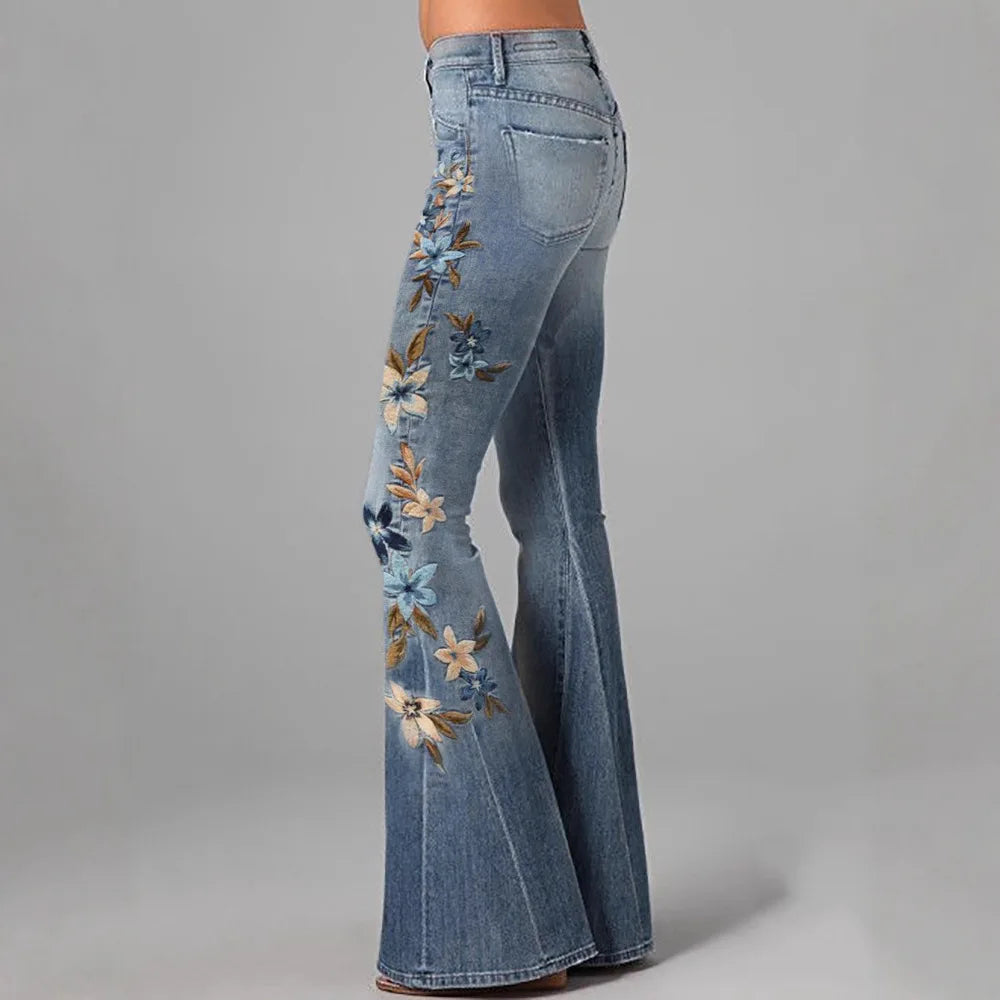 Jean Femme Bootcut Imprimé 3D Denim Slim Brodé Style Américain Casual – CLEVI Paris