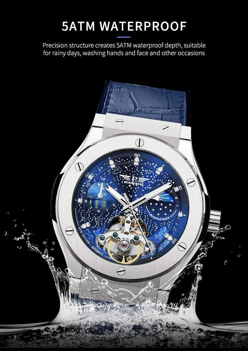 PINDU Montre Automatique Homme Squelette Phase de Lune Saphir Cuir Business 45mm – CLEVI Paris