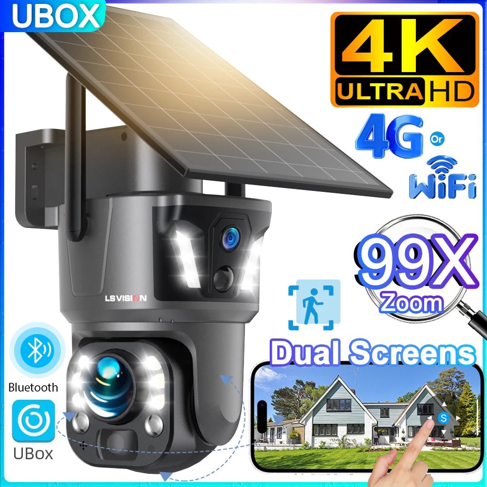 Caméra Solaire 8MP Zoom 99x PTZ 355° 4G/Wi-Fi Double Objectif PIR Suivi IA IR 40m IP66 UBox – CLEVI Paris