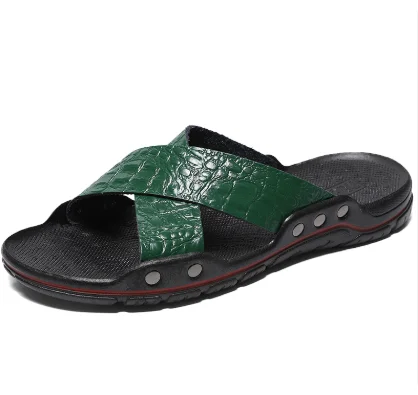 Fashion New Men's Crocodile Embossed Leather Slippers Casual Sandals For Men Summer Open Toe Beach Garden Shoes Flip Flops