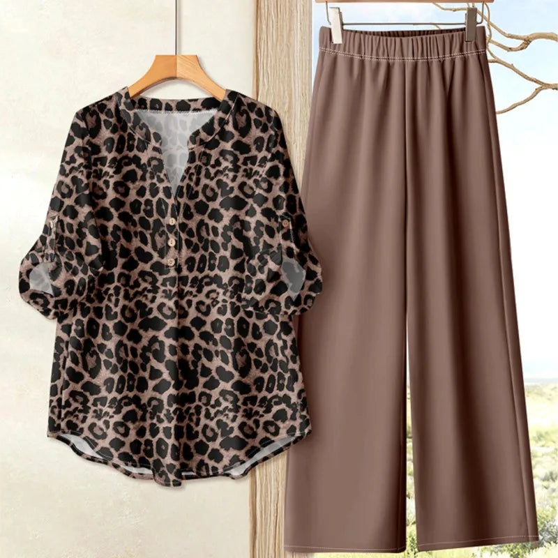Ensemble 2 Pièces Femme Top Imprimé Manches Longues & Pantalon Large Casual – CLEVI Paris