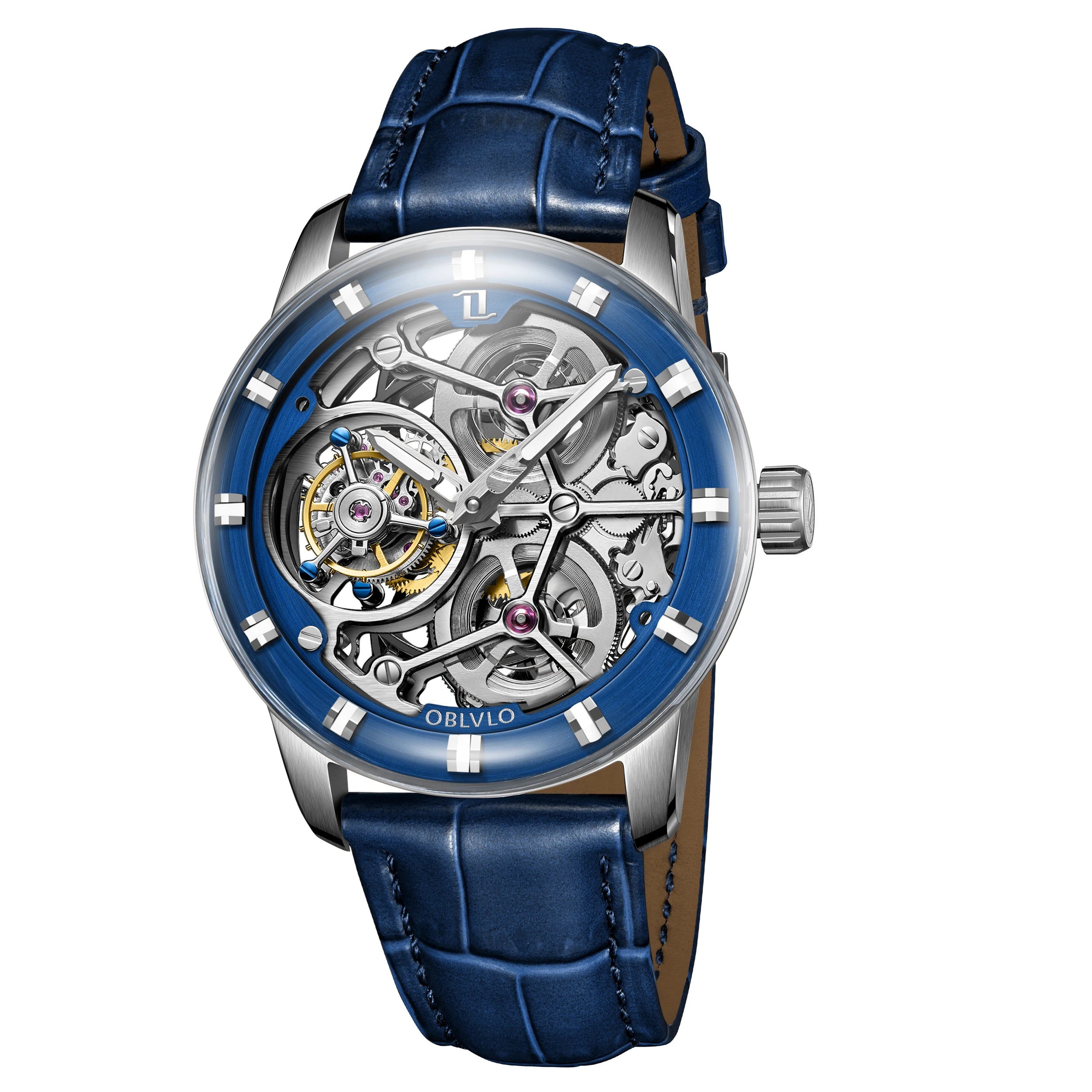 Montre Homme Manuel Tourbillon Squelette Grand Cadran Cuir Lumineux Oblvlo OBL-VM-D-TB – CLEVI Paris