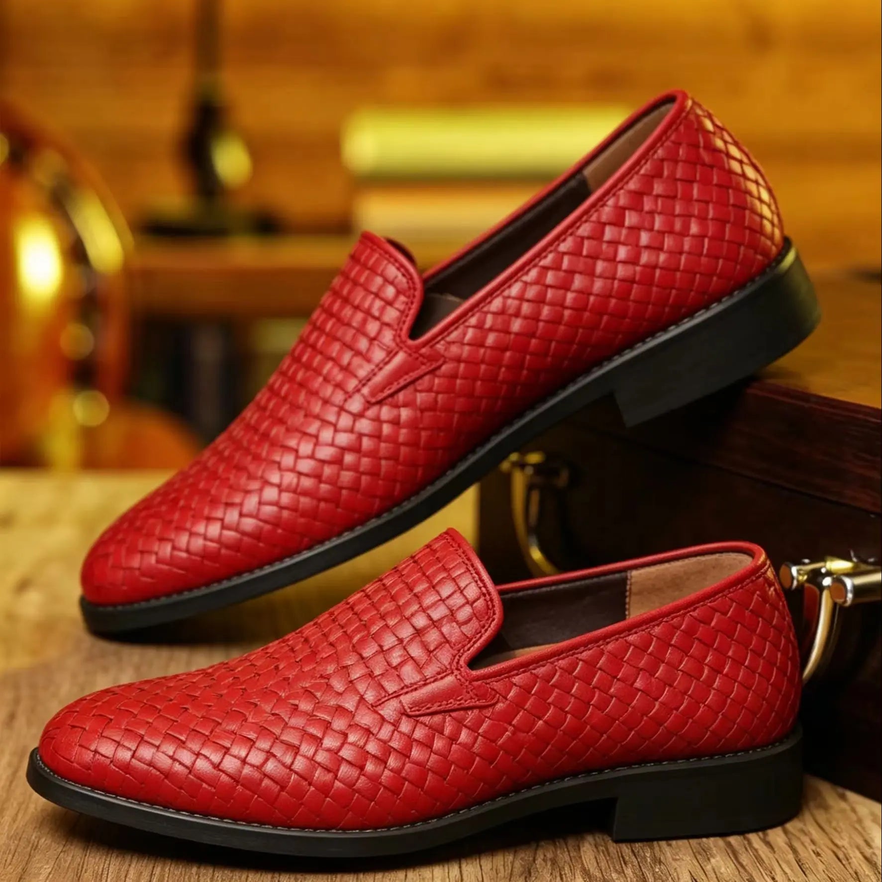 Mocassins Homme Cuir Tressé Rouge Style British Business – CLEVI Paris
