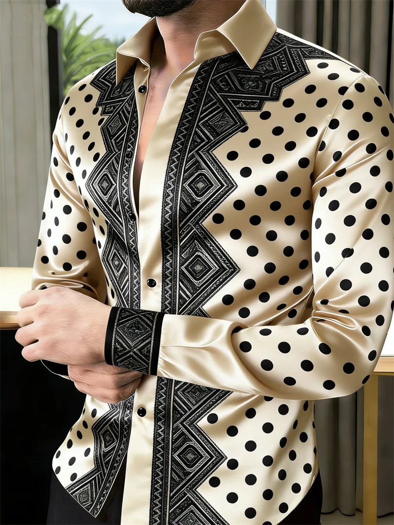 Chemise Homme Manches Longues – Imprimé 3D Luxe & Pois Dorés