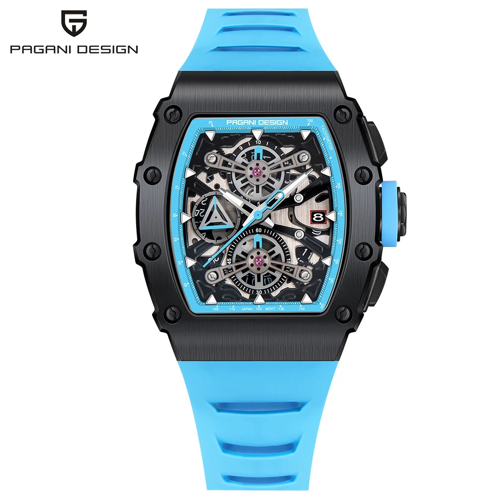 Montre PAGANI DESIGN PD-YS011 – Quartz Chronographe Racing, Verre Saphir, Acier Inoxydable Tonneau, Bracelet Silicone, Étanche 5 ATM – CLEVI Paris