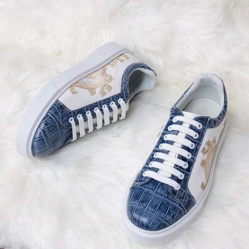 Chaussures Homme Luxe – Cuir Véritable Crocodile & Vachette, Lacets, Bicolore Blanc & Bleu | Édition Unique
