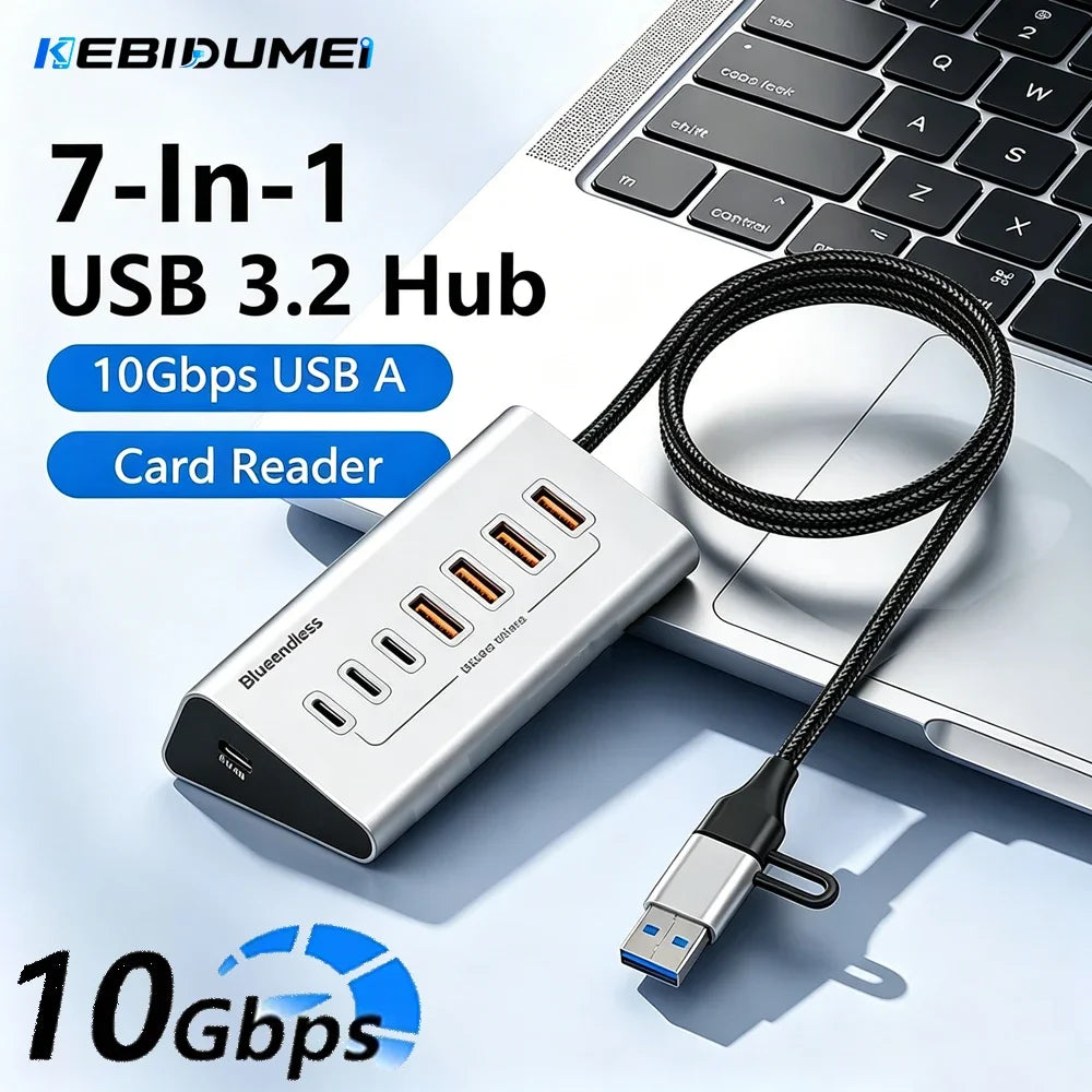 Hub USB 7-en-1 Kebidumei USB 3.0 3.2 Gen2 10Gbps Aluminium PC Laptop – CLEVI Paris